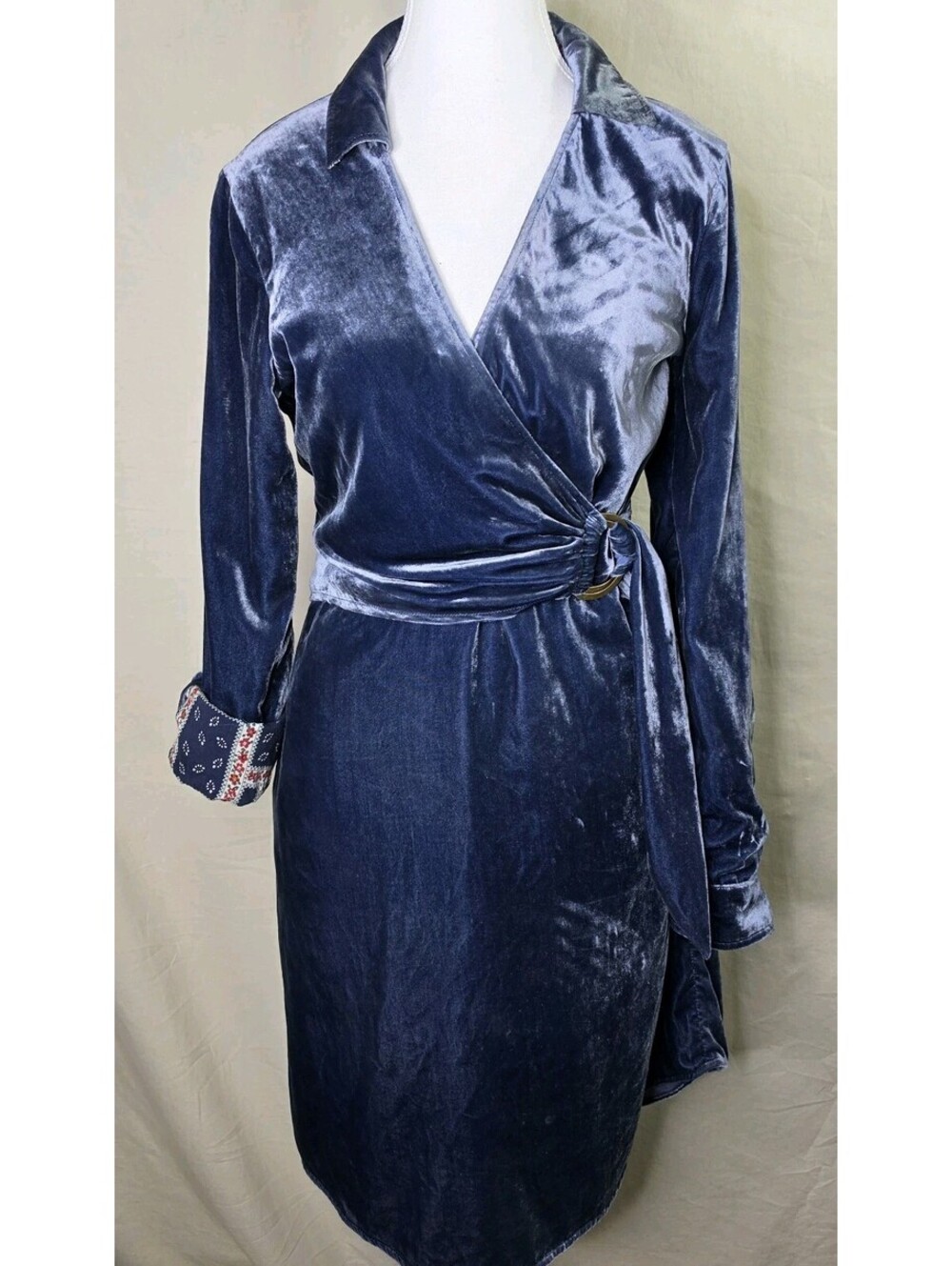 Maeve Anthropologie Indigo Velvet Wrap Dress 3/4 Sleeve Size 6